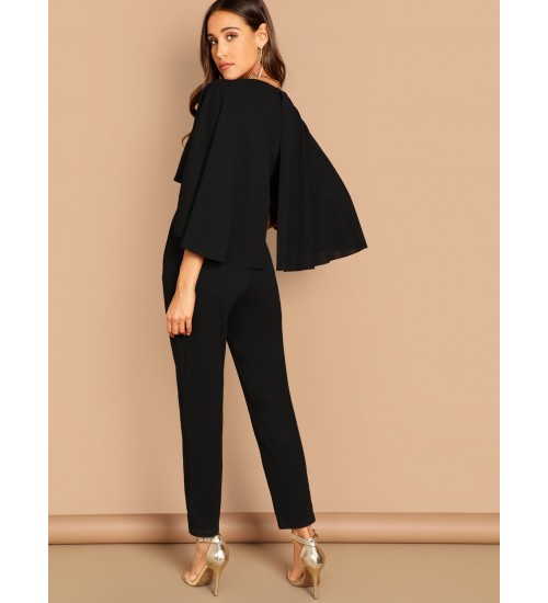 V-Neck Solid Cape Jumpsuit