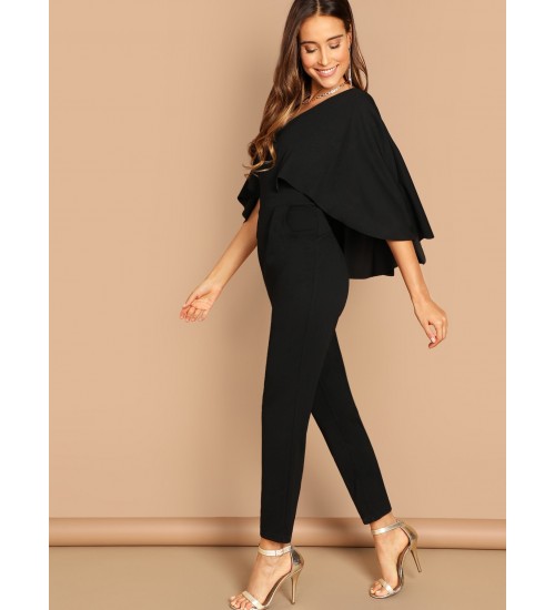 V-Neck Solid Cape Jumpsuit