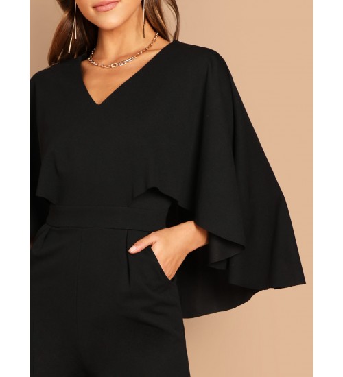 V-Neck Solid Cape Jumpsuit