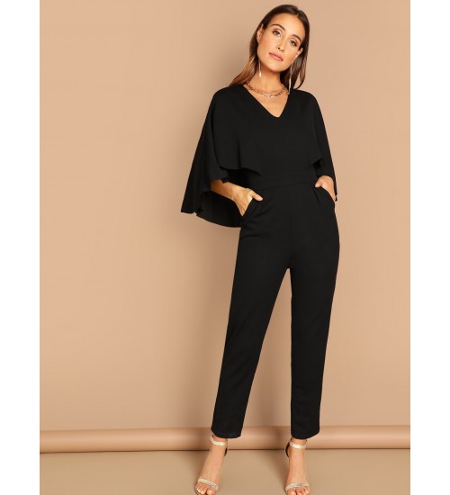 V-Neck Solid Cape Jumpsuit