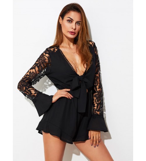 Plunging Knotted Front Lace Sleeve Frill Romper