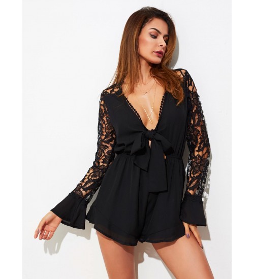 Plunging Knotted Front Lace Sleeve Frill Romper