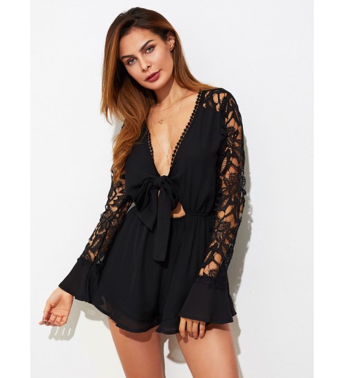 Plunging Knotted Front Lace Sleeve Frill Romper