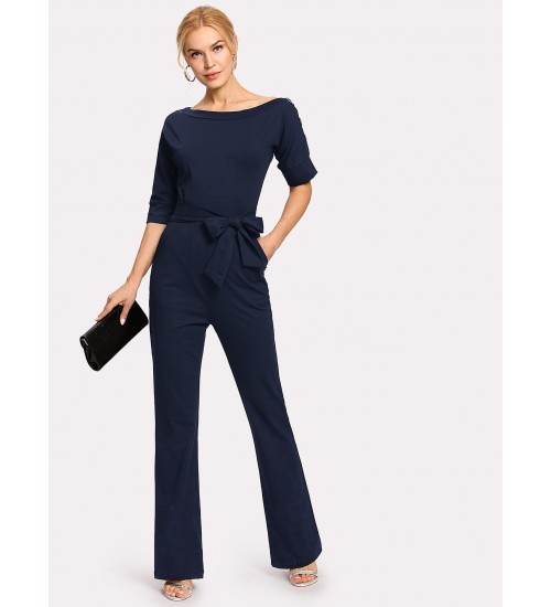 Oblique Neckline Button Jumpsuit With Belt