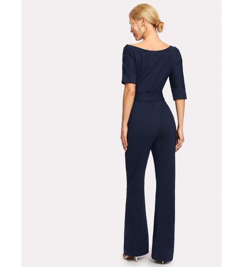 Oblique Neckline Button Jumpsuit With Belt