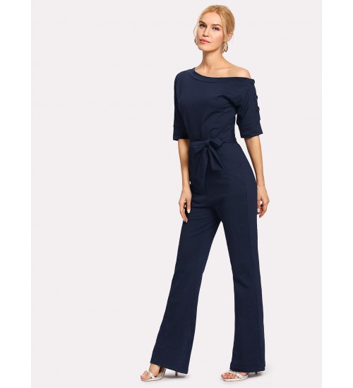 Oblique Neckline Button Jumpsuit With Belt