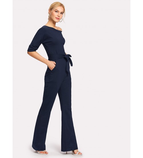 Oblique Neckline Button Jumpsuit With Belt