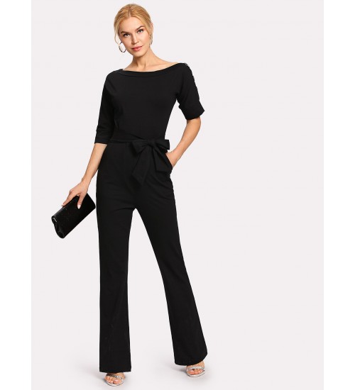 Button Detail Self Tie Jumpsuit