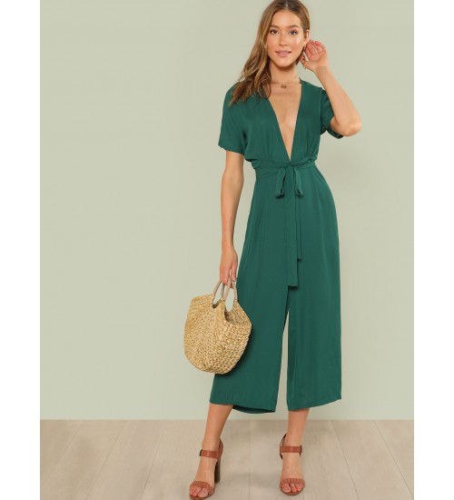 Plunge Neck Belted Culotte Jumpsuit