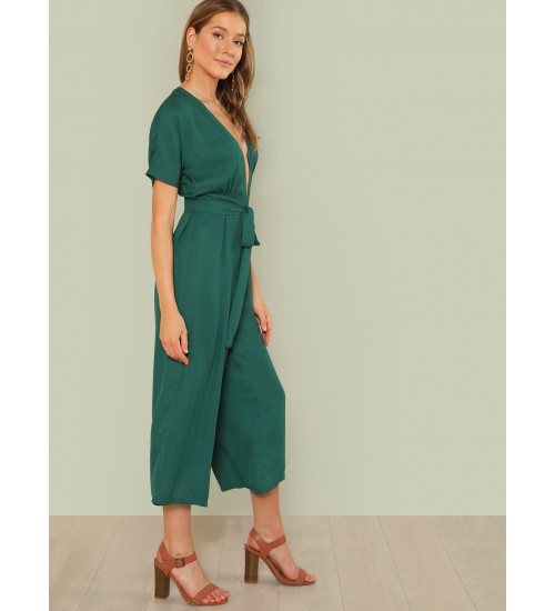 Plunge Neck Belted Culotte Jumpsuit