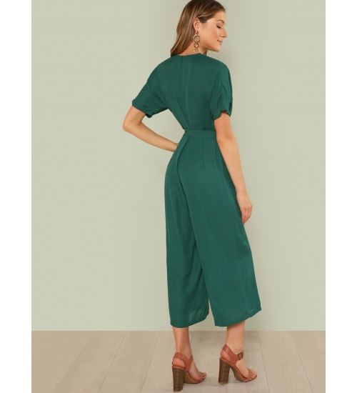 Plunge Neck Belted Culotte Jumpsuit