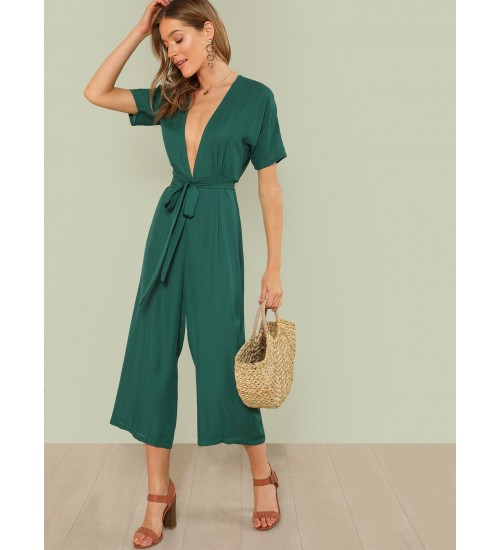 Plunge Neck Belted Culotte Jumpsuit