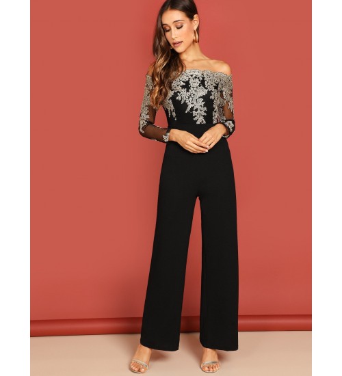 Embroidered Mesh Panel Jumpsuit