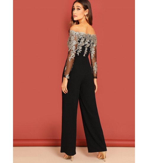 Embroidered Mesh Panel Jumpsuit