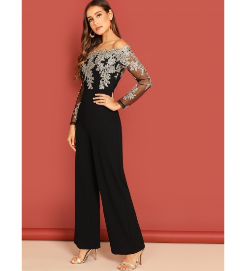 Embroidered Mesh Panel Jumpsuit