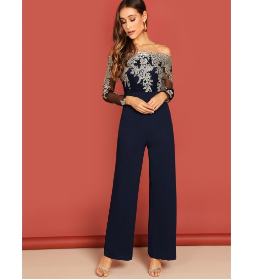 Embroidered Mesh Bodice Wide Leg Bardot Jumpsuit