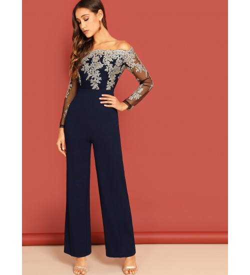 Embroidered Mesh Bodice Wide Leg Bardot Jumpsuit