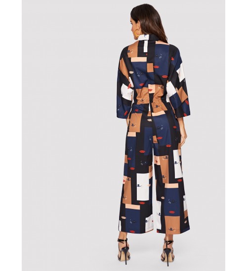 Lips  Eyes Print Patchwork Drawstring Jumpsuit