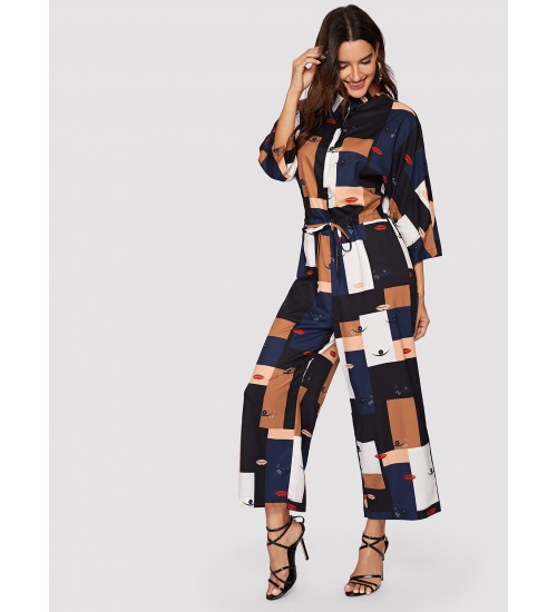 Lips  Eyes Print Patchwork Drawstring Jumpsuit