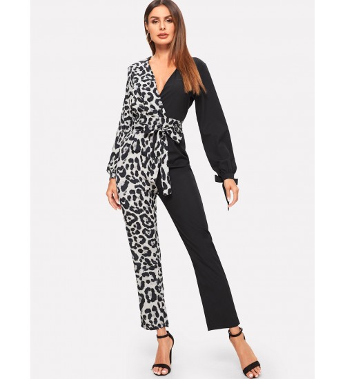 Contrast Leopard Print Belted Jumpsuit