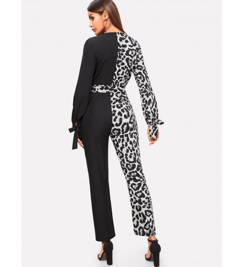 Contrast Leopard Print Belted Jumpsuit