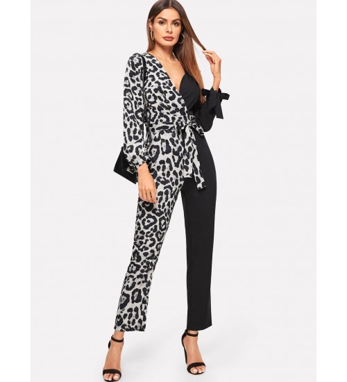 Contrast Leopard Print Belted Jumpsuit