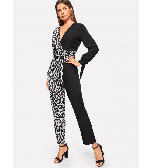 Contrast Leopard Print Belted Jumpsuit