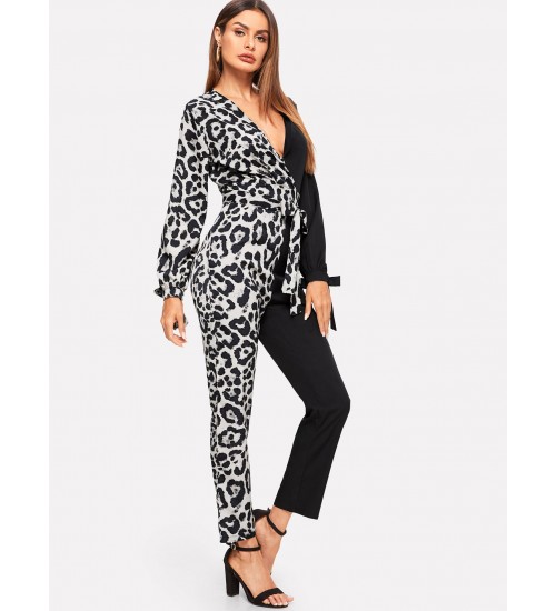 Contrast Leopard Print Belted Jumpsuit