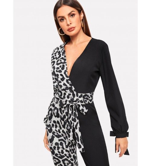 Contrast Leopard Print Belted Jumpsuit