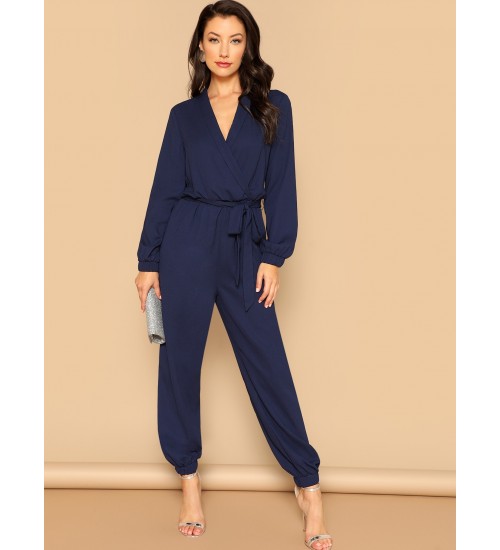 Surplice Wrap Plunging Belted Jumpsuit