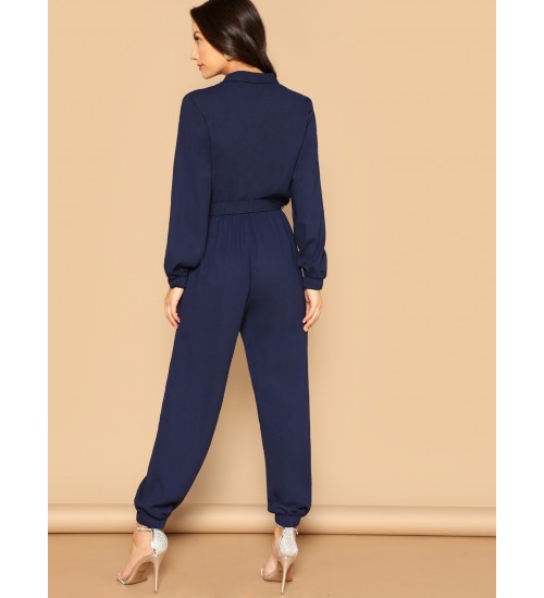 Surplice Wrap Plunging Belted Jumpsuit