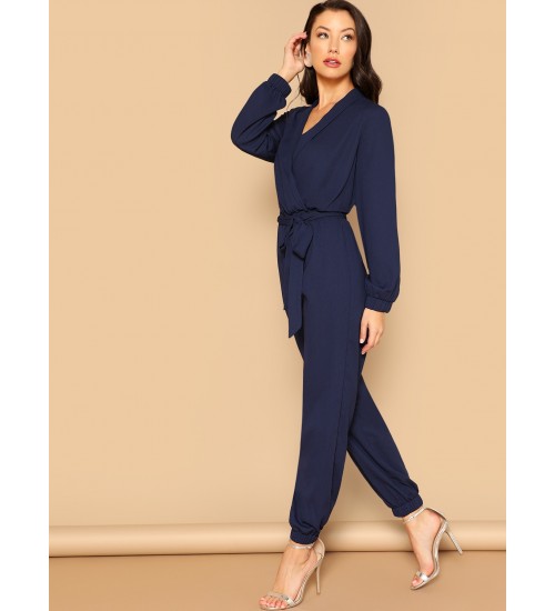 Surplice Wrap Plunging Belted Jumpsuit