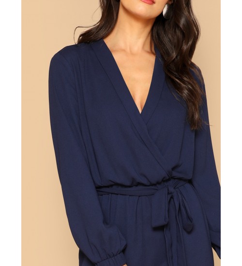 Surplice Wrap Plunging Belted Jumpsuit