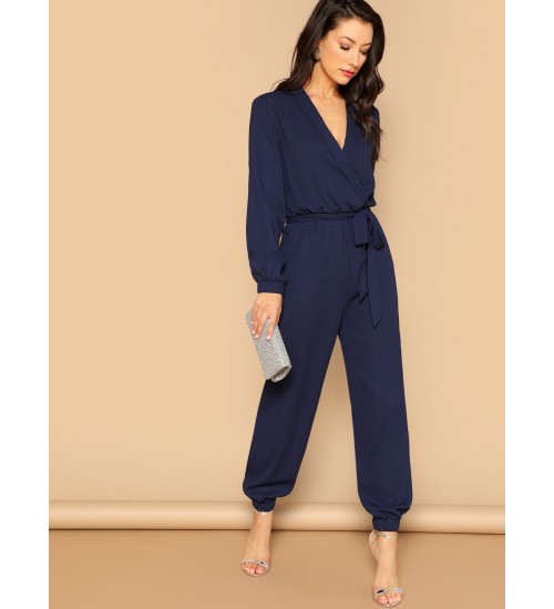 Surplice Wrap Plunging Belted Jumpsuit