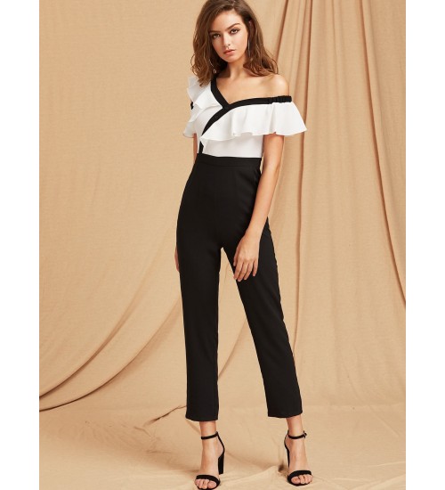 Two Tone Flounce Asymmetric Shoulder Tailored Jumpsuit