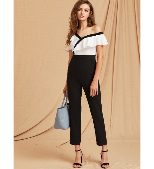 Two Tone Flounce Asymmetric Shoulder Tailored Jumpsuit