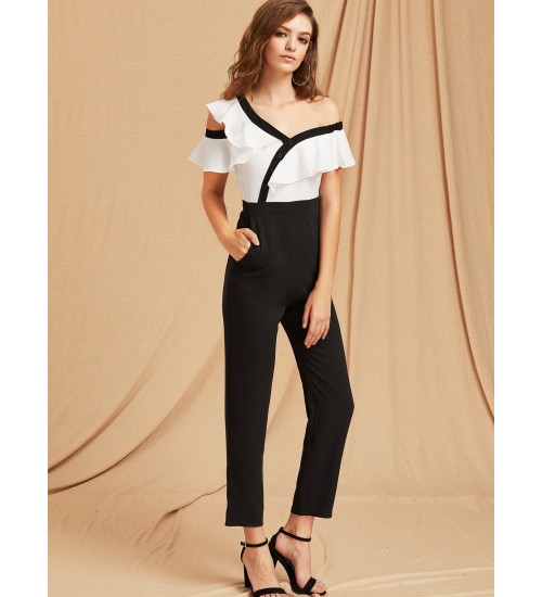 Two Tone Flounce Asymmetric Shoulder Tailored Jumpsuit