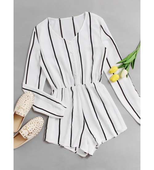 Vertical Striped Button Front Romper