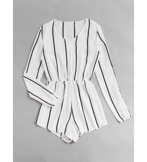 Vertical Striped Button Front Romper