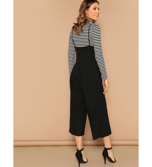 Wrap Waist Wide Leg Suspender Jumpsuit