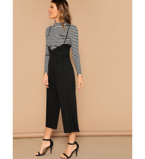 Wrap Waist Wide Leg Suspender Jumpsuit