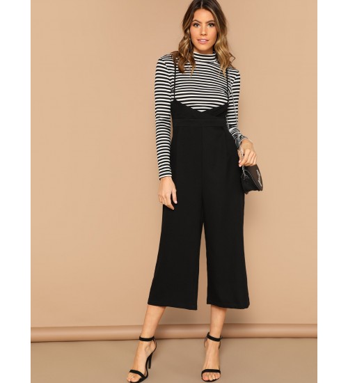 Wrap Waist Wide Leg Suspender Jumpsuit