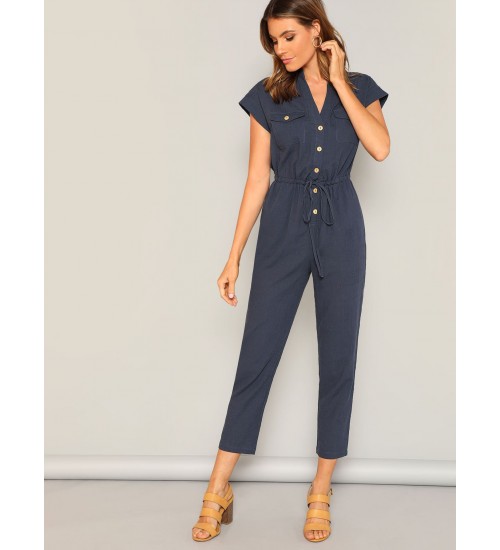 Waist Drawstring Button  Pocket Front Solid Jumpsuit