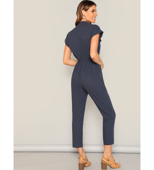 Waist Drawstring Button  Pocket Front Solid Jumpsuit