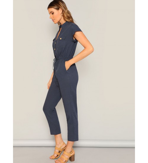 Waist Drawstring Button  Pocket Front Solid Jumpsuit