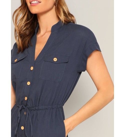 Waist Drawstring Button  Pocket Front Solid Jumpsuit