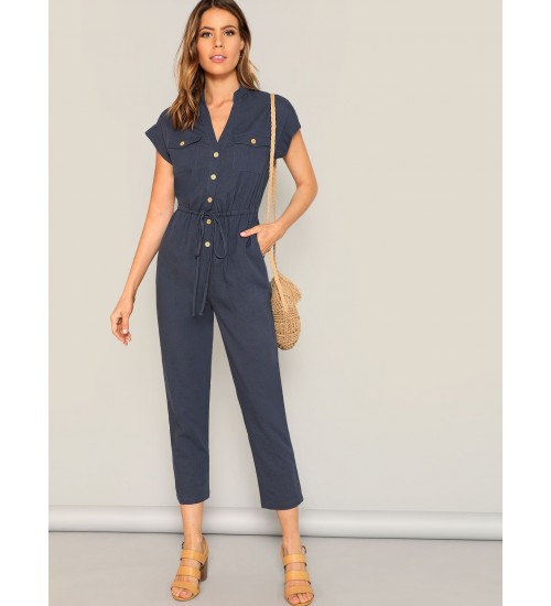 Waist Drawstring Button  Pocket Front Solid Jumpsuit