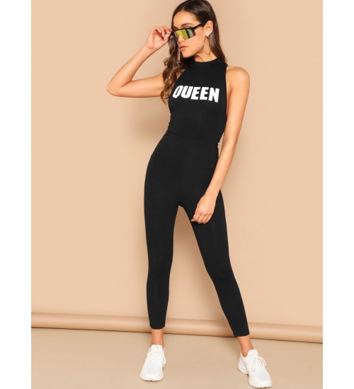 Letter Print Racerback Unitard Jumpsuit