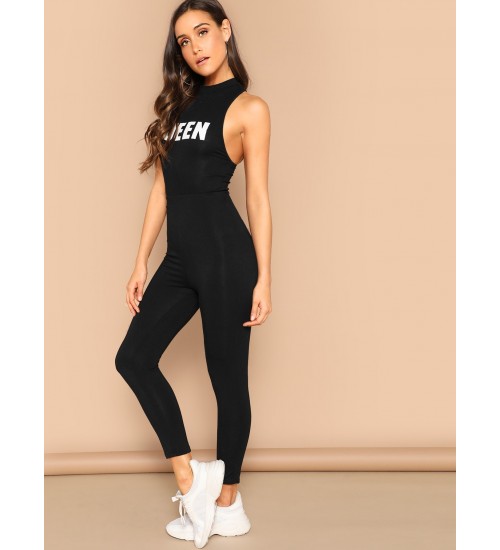 Letter Print Racerback Unitard Jumpsuit