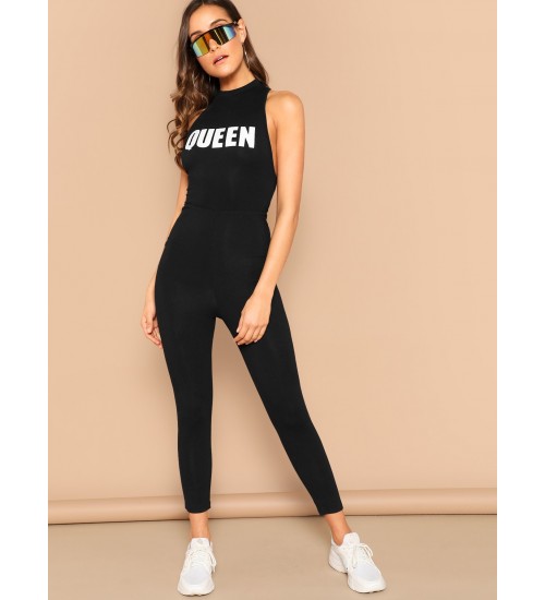 Letter Print Racerback Unitard Jumpsuit